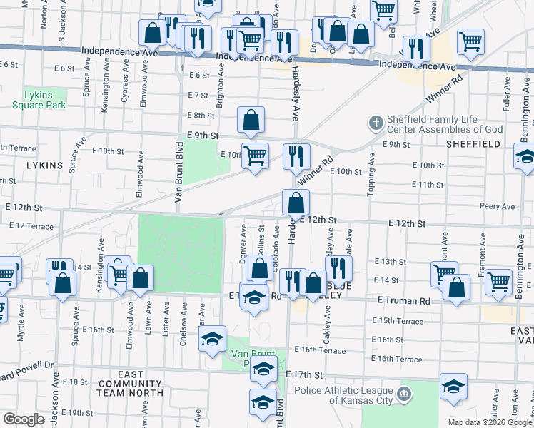 map of restaurants, bars, coffee shops, grocery stores, and more near 1210 Collins Street in Kansas City