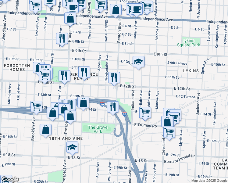 map of restaurants, bars, coffee shops, grocery stores, and more near 1228 Benton Boulevard in Kansas City