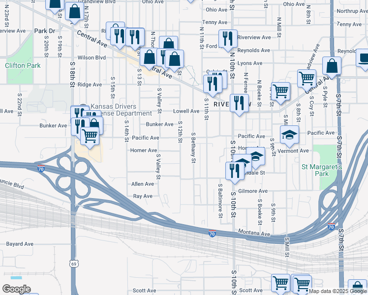 map of restaurants, bars, coffee shops, grocery stores, and more near 235 South 12th Street in Kansas City