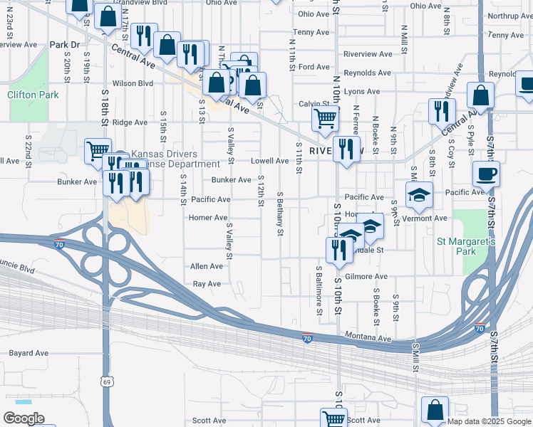 map of restaurants, bars, coffee shops, grocery stores, and more near 235 South 12th Street in Kansas City