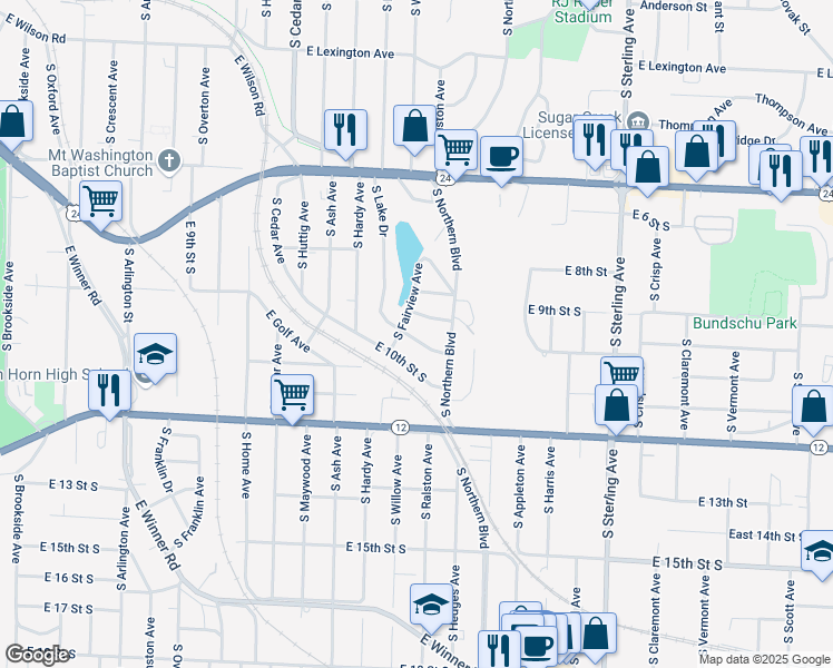 map of restaurants, bars, coffee shops, grocery stores, and more near 10524 East Lake Drive in Independence