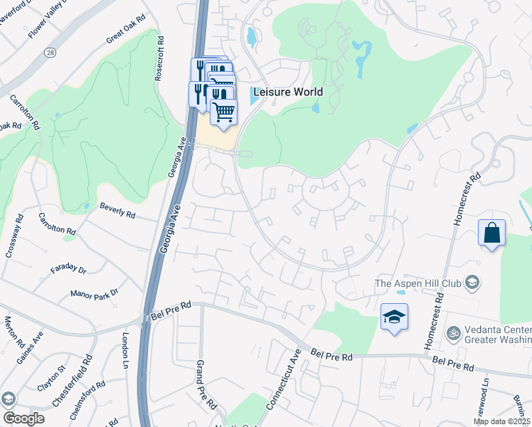 map of restaurants, bars, coffee shops, grocery stores, and more near 3681 South Leisure World Boulevard in Silver Spring