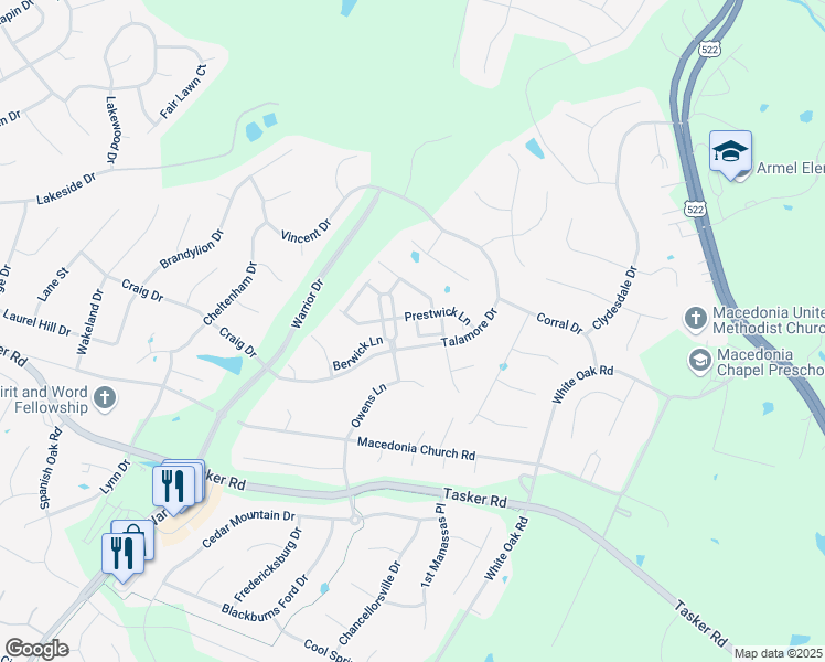 map of restaurants, bars, coffee shops, grocery stores, and more near 108 Bowling Green Circle in Stephens City