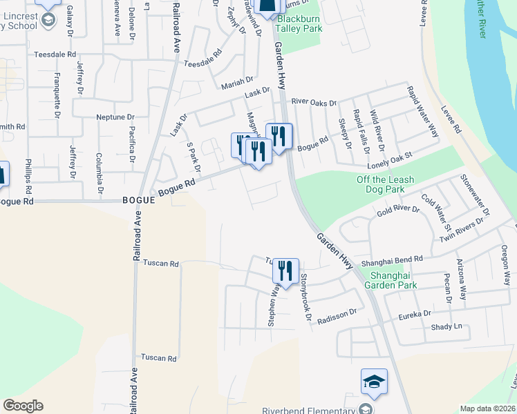map of restaurants, bars, coffee shops, grocery stores, and more near 590 Mosburg Loop in Yuba City