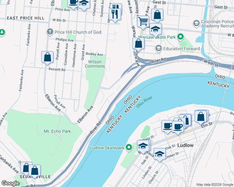 map of restaurants, bars, coffee shops, grocery stores, and more near 2489 River Road in Cincinnati