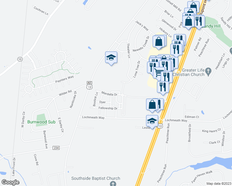 map of restaurants, bars, coffee shops, grocery stores, and more near 320 Mardella Drive in Camden