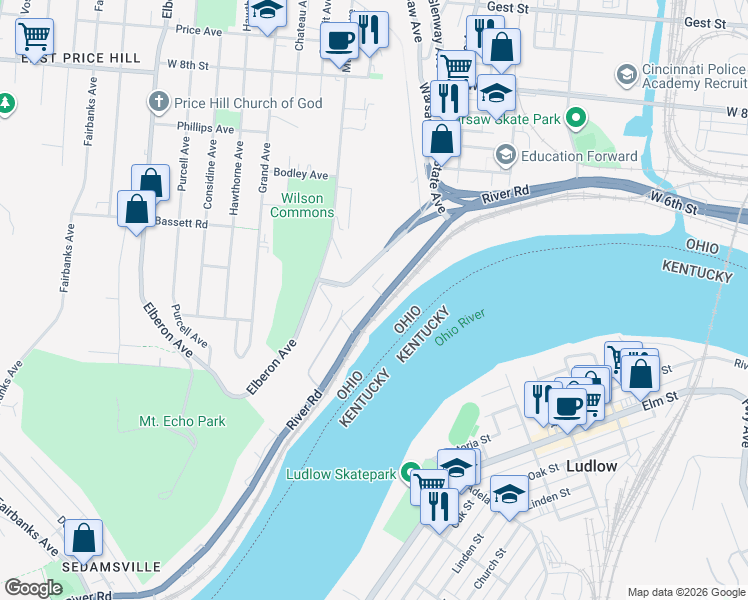 map of restaurants, bars, coffee shops, grocery stores, and more near 2489 River Road in Cincinnati