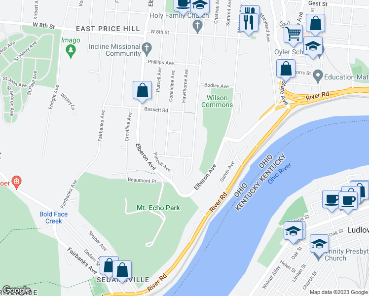 map of restaurants, bars, coffee shops, grocery stores, and more near 401 Grand Avenue in Cincinnati