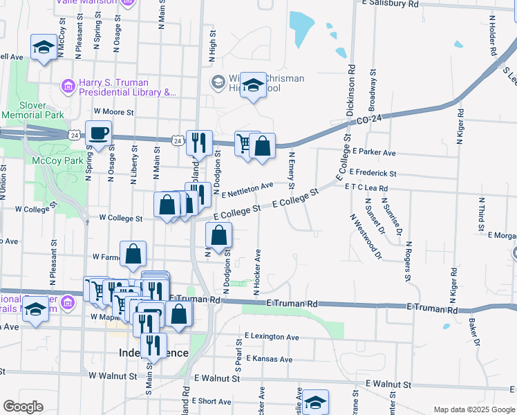 map of restaurants, bars, coffee shops, grocery stores, and more near 635 North Hocker Avenue in Independence