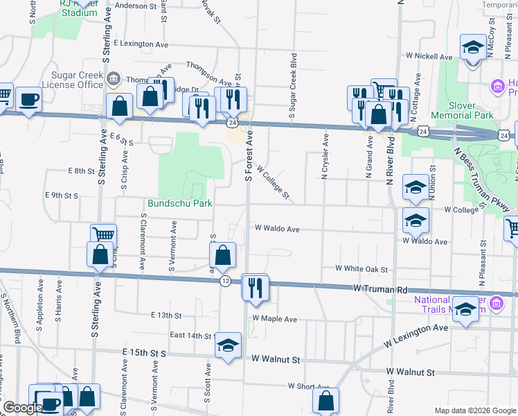 map of restaurants, bars, coffee shops, grocery stores, and more near 1528 West Waldo Avenue in Independence