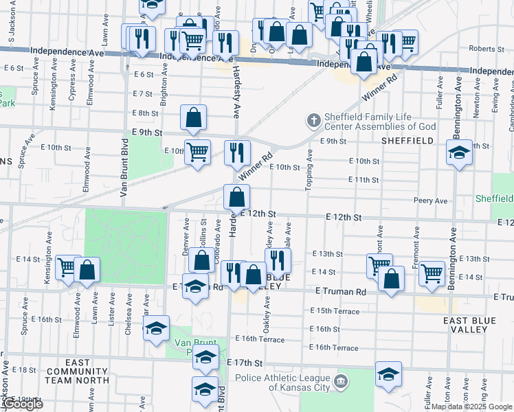 map of restaurants, bars, coffee shops, grocery stores, and more near 1201 Drury Avenue in Kansas City