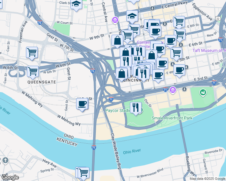 map of restaurants, bars, coffee shops, grocery stores, and more near 444 West 3rd Street in Cincinnati