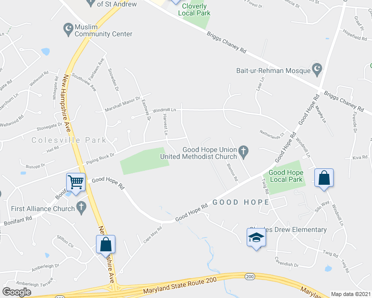 map of restaurants, bars, coffee shops, grocery stores, and more near 14716 Peachwood Drive in Silver Spring