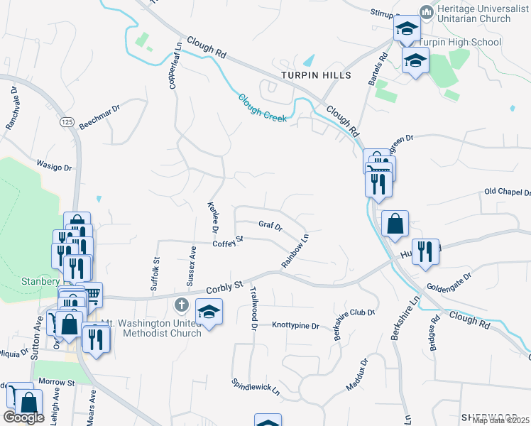 map of restaurants, bars, coffee shops, grocery stores, and more near 6539 Rainbow Lane in Cincinnati