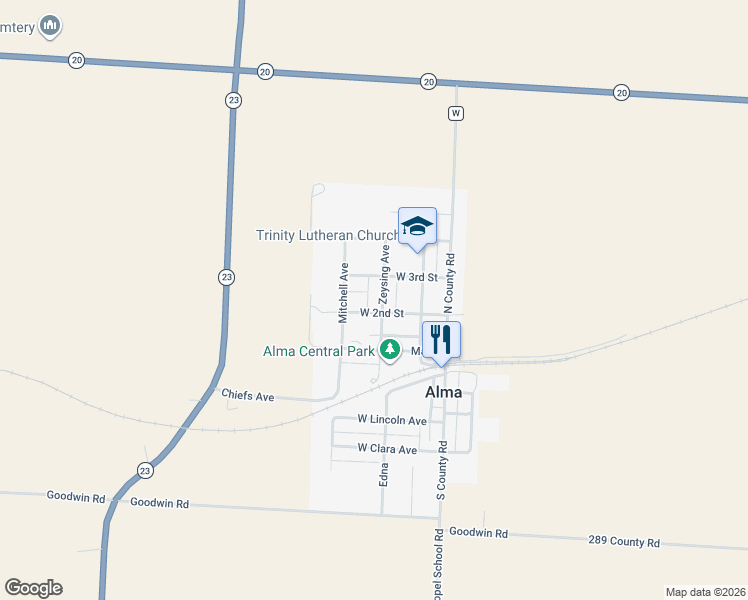 map of restaurants, bars, coffee shops, grocery stores, and more near 308 West 2nd Street in Alma