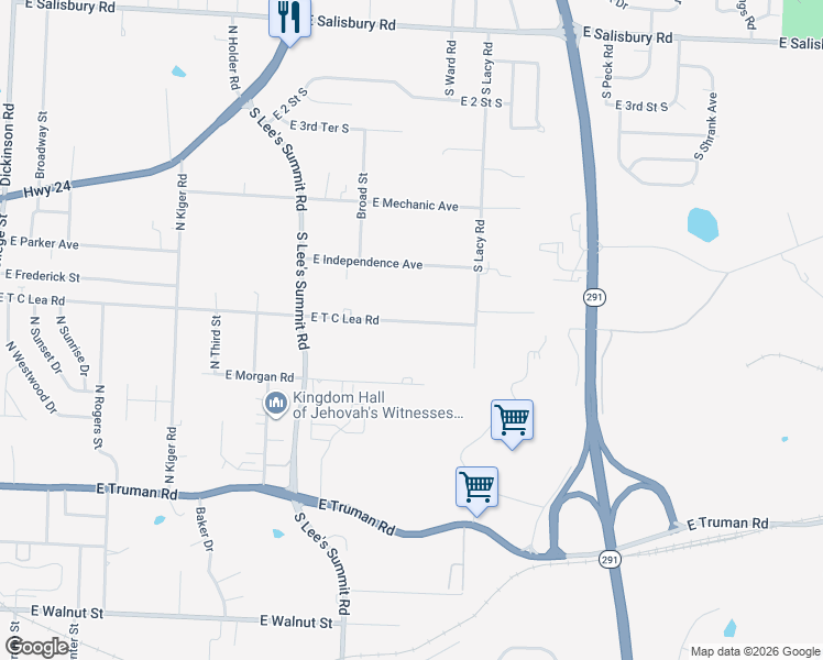 map of restaurants, bars, coffee shops, grocery stores, and more near 15911 East T C Lea Road in Independence
