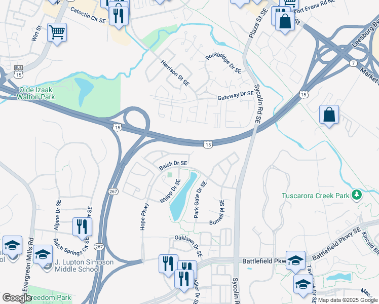 map of restaurants, bars, coffee shops, grocery stores, and more near 300 Ebaugh Drive Southeast in Leesburg