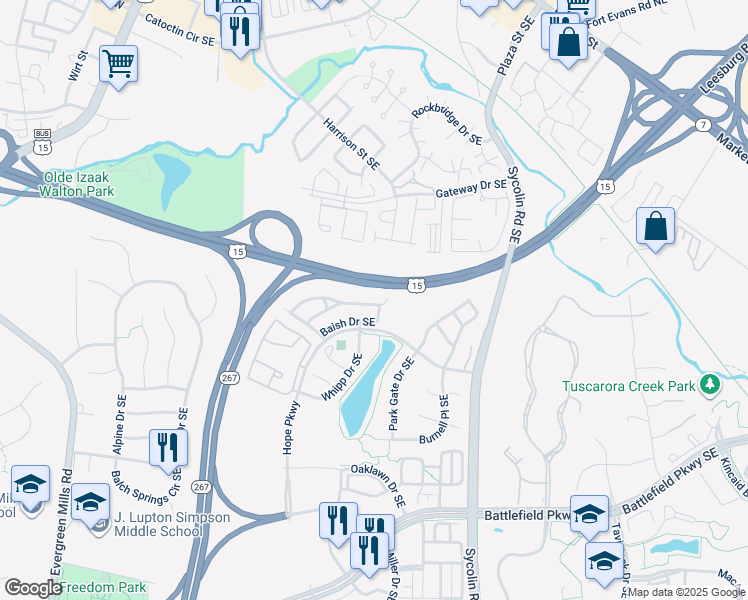 map of restaurants, bars, coffee shops, grocery stores, and more near 304 Ebaugh Drive Southeast in Leesburg
