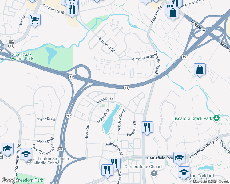 map of restaurants, bars, coffee shops, grocery stores, and more near 300 Ebaugh Drive Southeast in Leesburg