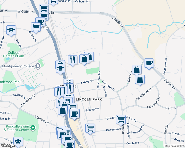 map of restaurants, bars, coffee shops, grocery stores, and more near 1000 Westmore Avenue in Rockville
