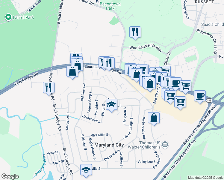 map of restaurants, bars, coffee shops, grocery stores, and more near 3364 Old Line Avenue in Laurel