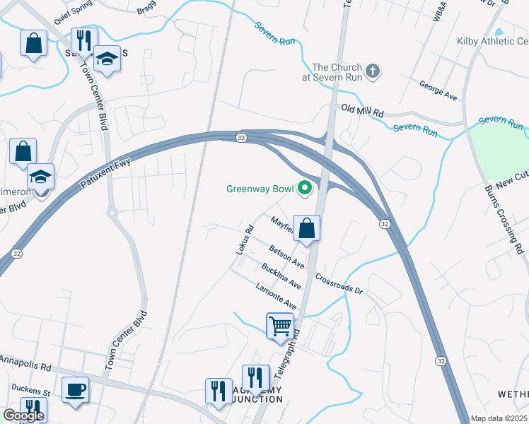 map of restaurants, bars, coffee shops, grocery stores, and more near 8286 Lokus Road in Odenton