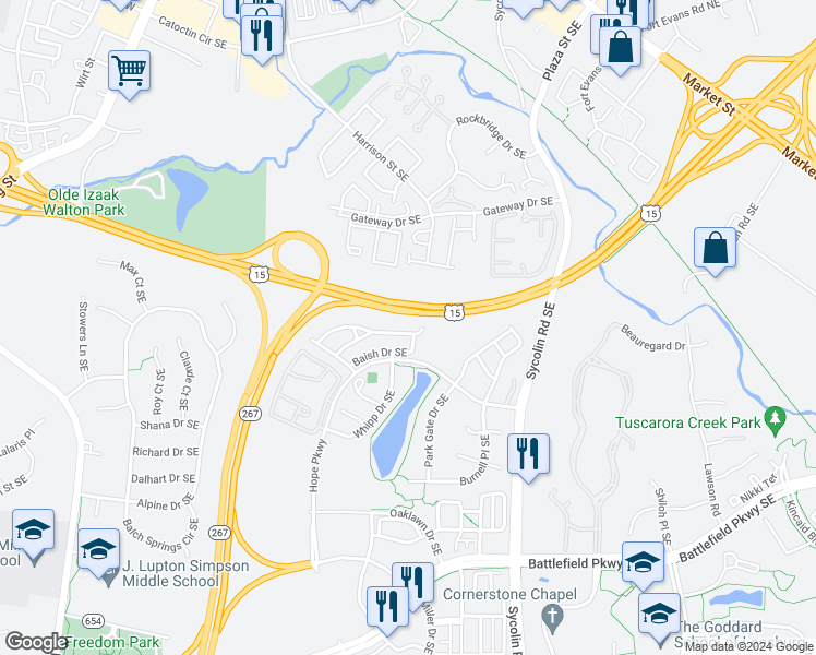 map of restaurants, bars, coffee shops, grocery stores, and more near 304 Ebaugh Drive Southeast in Leesburg