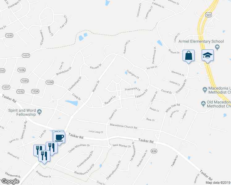 map of restaurants, bars, coffee shops, grocery stores, and more near 101 Quinton Oaks Circle in Stephens City