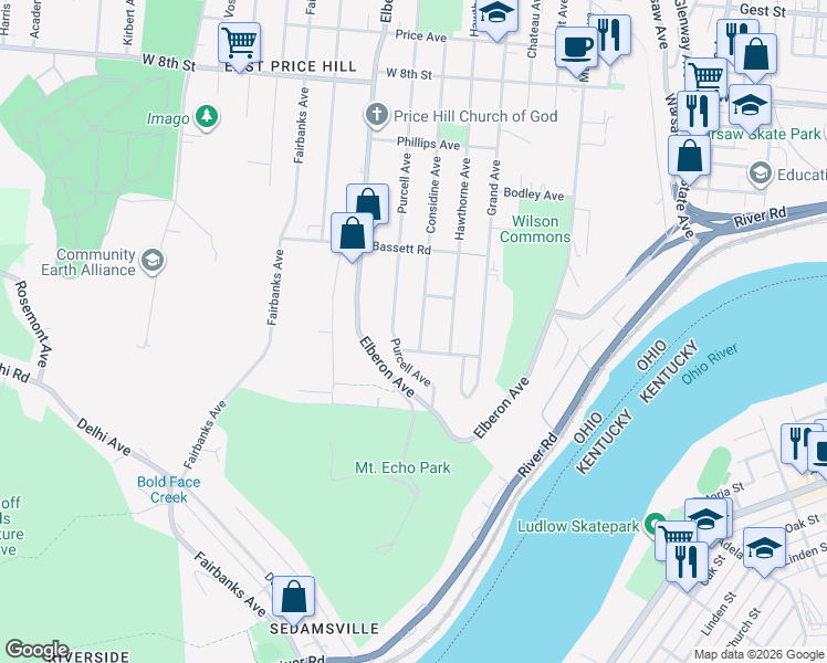 map of restaurants, bars, coffee shops, grocery stores, and more near 3115 Murdock Avenue in Cincinnati