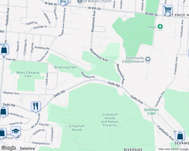 map of restaurants, bars, coffee shops, grocery stores, and more near 3991 Delhi Pike in Cincinnati