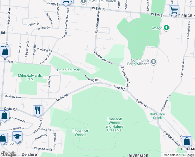 map of restaurants, bars, coffee shops, grocery stores, and more near 3991 Delhi Pike in Cincinnati