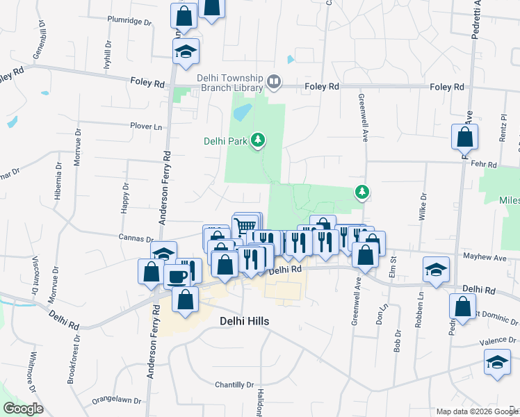 map of restaurants, bars, coffee shops, grocery stores, and more near 5105 Kincardine Drive in Cincinnati