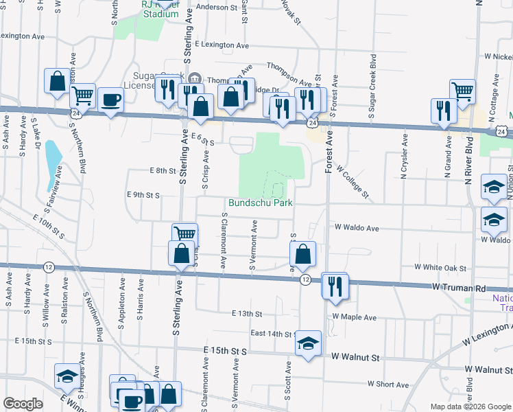 map of restaurants, bars, coffee shops, grocery stores, and more near 11329 East 10 South in Independence