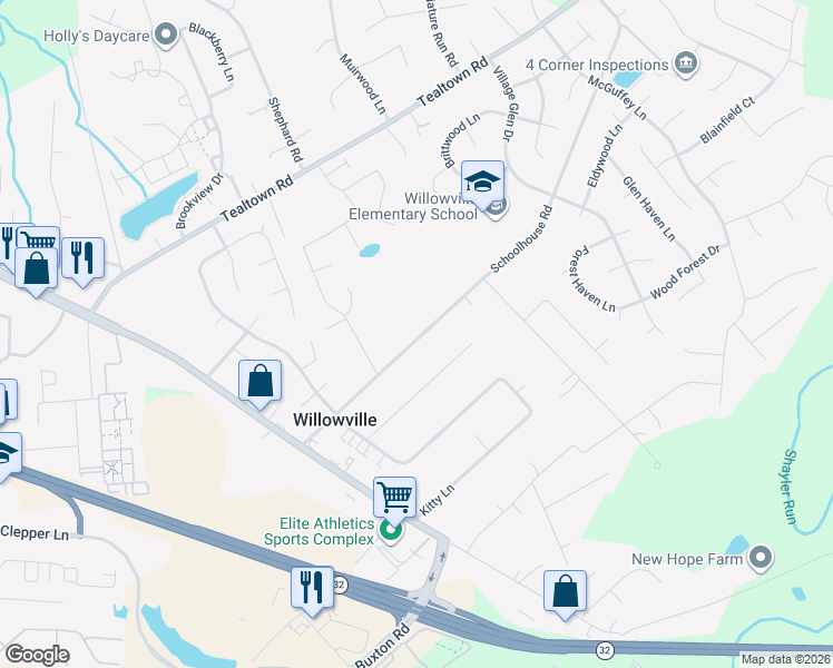 map of restaurants, bars, coffee shops, grocery stores, and more near 4493 Schoolhouse Road in Batavia
