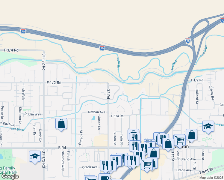 map of restaurants, bars, coffee shops, grocery stores, and more near 638 32 Rd in Clifton