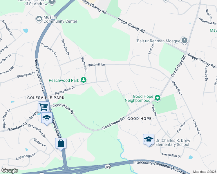 map of restaurants, bars, coffee shops, grocery stores, and more near 14716 Peachwood Drive in Silver Spring