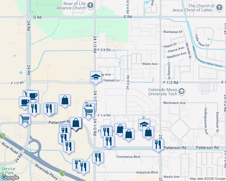 map of restaurants, bars, coffee shops, grocery stores, and more near 2460 F 1/4 Road in Grand Junction