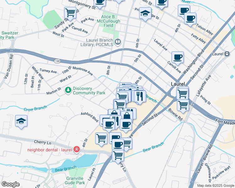map of restaurants, bars, coffee shops, grocery stores, and more near 407 Montrose Avenue in Laurel