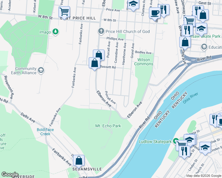 map of restaurants, bars, coffee shops, grocery stores, and more near 3115 Murdock Avenue in Cincinnati