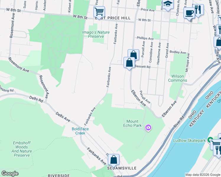 map of restaurants, bars, coffee shops, grocery stores, and more near 482 Fairbanks Avenue in Cincinnati