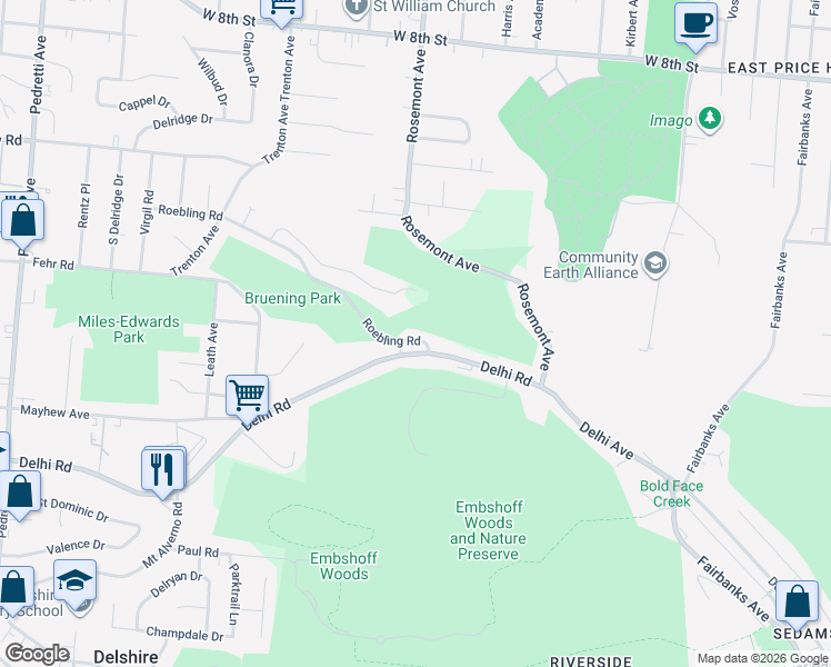map of restaurants, bars, coffee shops, grocery stores, and more near 3991 Delhi Pike in Cincinnati