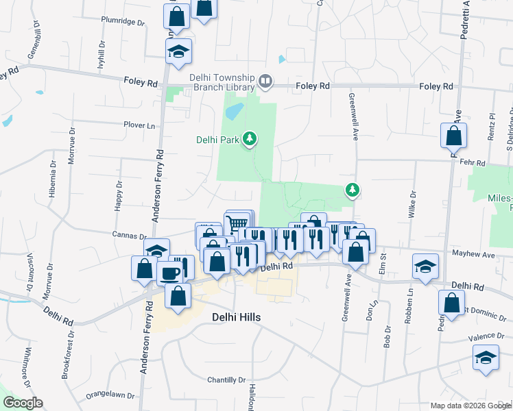 map of restaurants, bars, coffee shops, grocery stores, and more near 5105 Kincardine Drive in Cincinnati