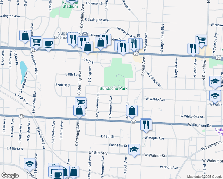 map of restaurants, bars, coffee shops, grocery stores, and more near 11329 East 10 South in Independence