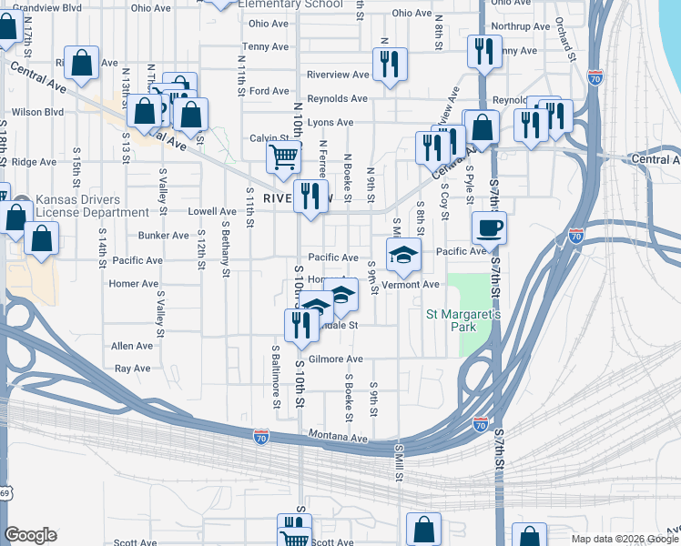 map of restaurants, bars, coffee shops, grocery stores, and more near 928 Church Avenue in Kansas City