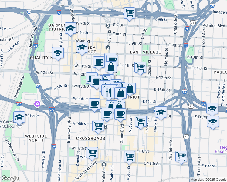 map of restaurants, bars, coffee shops, grocery stores, and more near 1301 Main Street in Kansas City