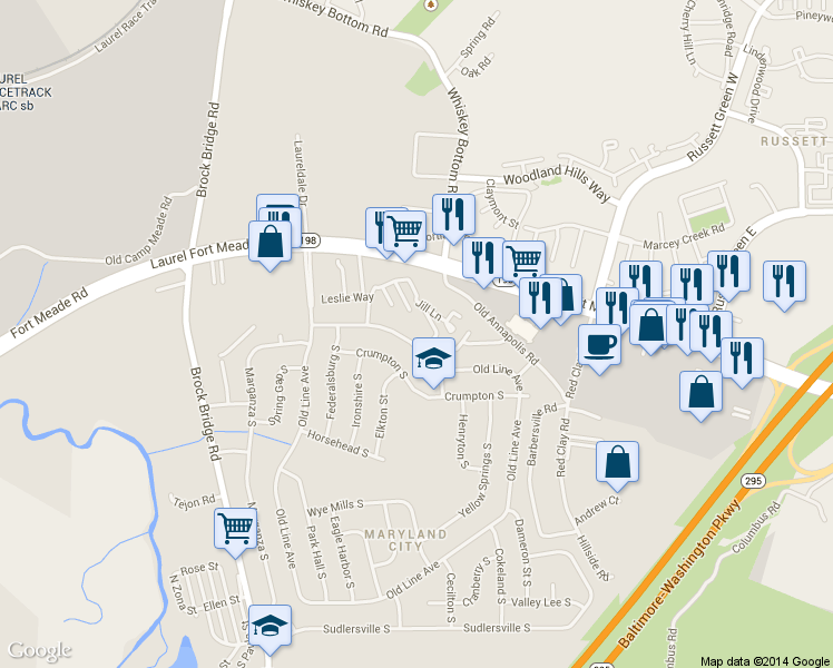 map of restaurants, bars, coffee shops, grocery stores, and more near 3364 Old Line Avenue in Laurel