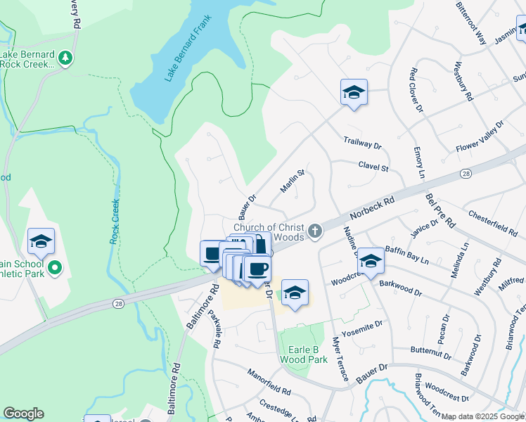 map of restaurants, bars, coffee shops, grocery stores, and more near 14720 Waterway Drive in Rockville