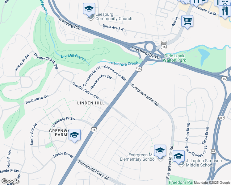 map of restaurants, bars, coffee shops, grocery stores, and more near 1016 Tuscarora Drive Southwest in Leesburg