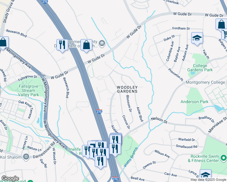 map of restaurants, bars, coffee shops, grocery stores, and more near 900 Azalea Drive in Rockville