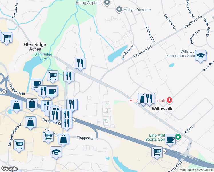 map of restaurants, bars, coffee shops, grocery stores, and more near Old State Route 74 in Clermont County